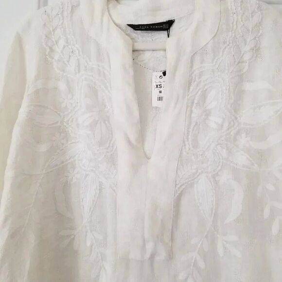 NWT Zara White Linen Jacquard Embroidered Tunic - Picture 8 of 16